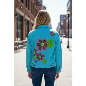 Lighthouse Apparel Embroidered Flowers Jacket Women's Size Small Aqua Blue